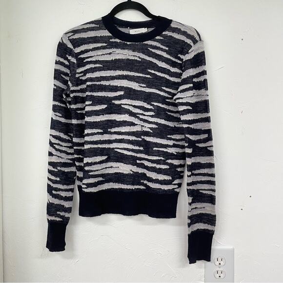 ALC Blue Animal Print Knit Crew Neck Sweater Womens XS Zebra Stripe Sheer Preppy - Picture 1 of 9